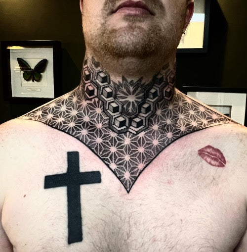 Cross and rose tattoo on the neck - Tattoogrid.net
